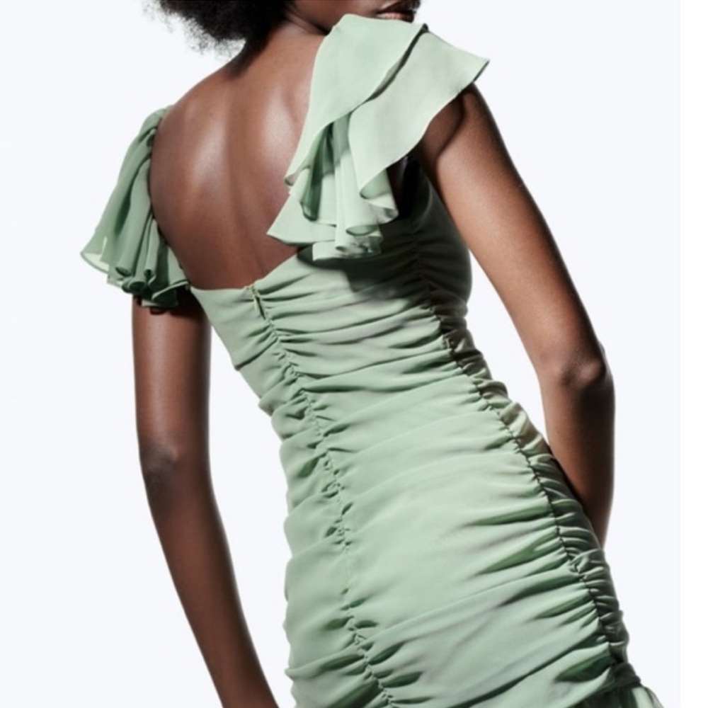 Zara Ruffled Ruched Flutter Off the Shoulder Mini Dress in Sage Light Green - Picture 4 of 15